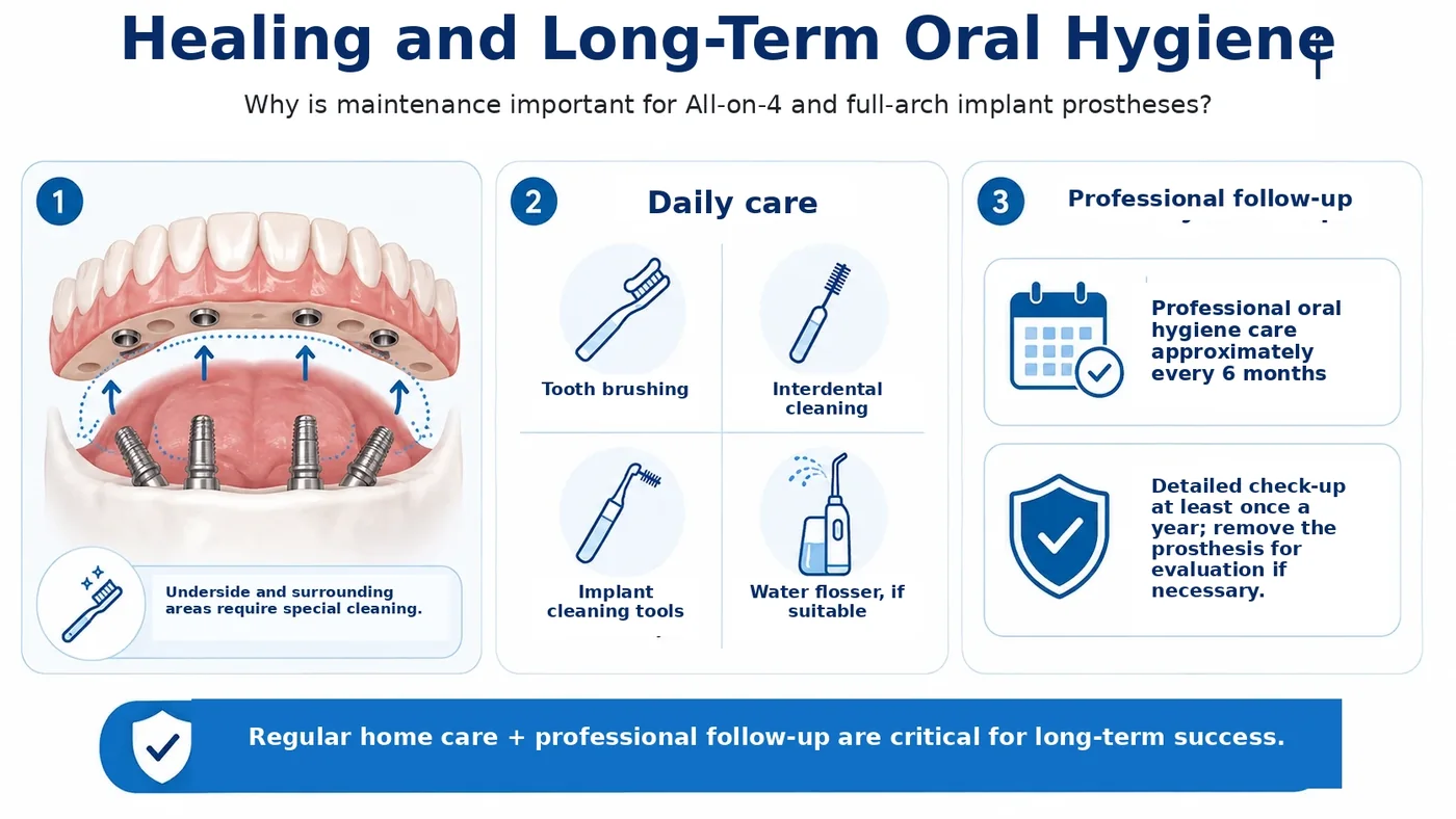Healing and long term oral hygiene for All-on-4 and full arch implant prostheses