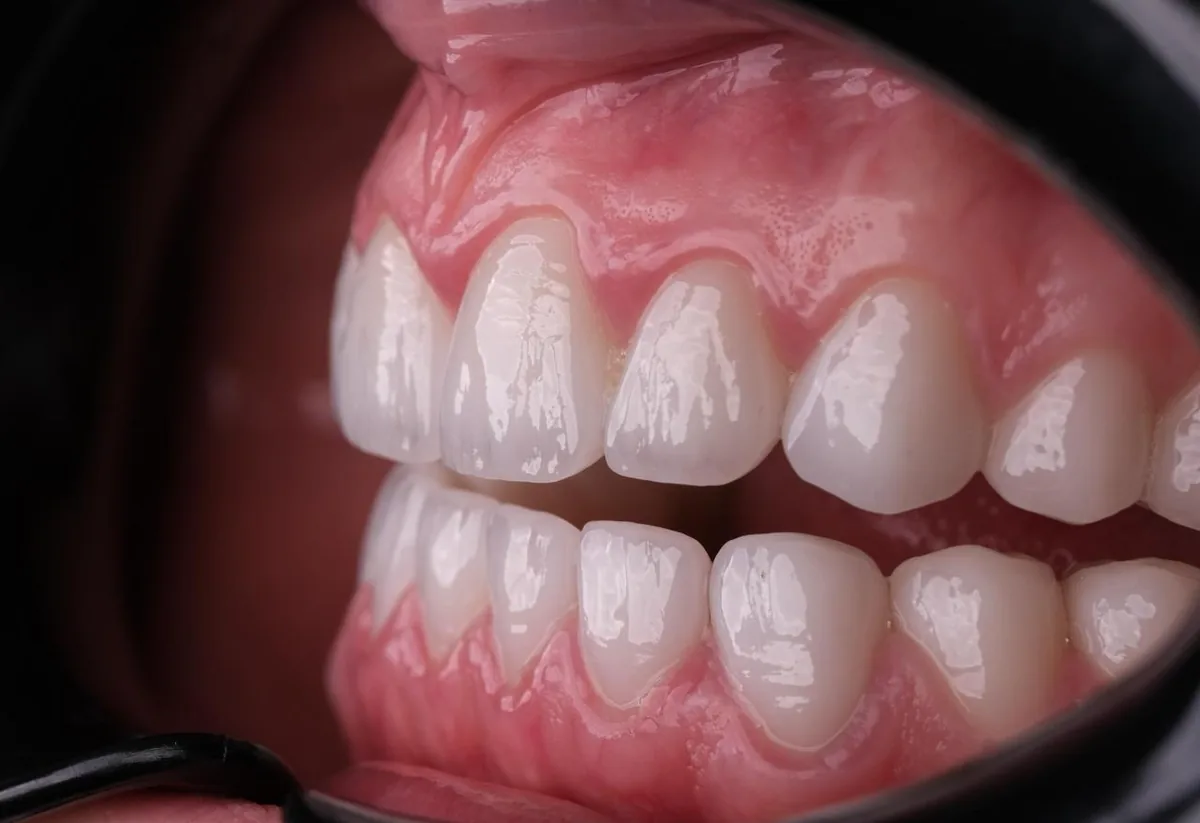Close-up of finished e-max veneers along the gum line